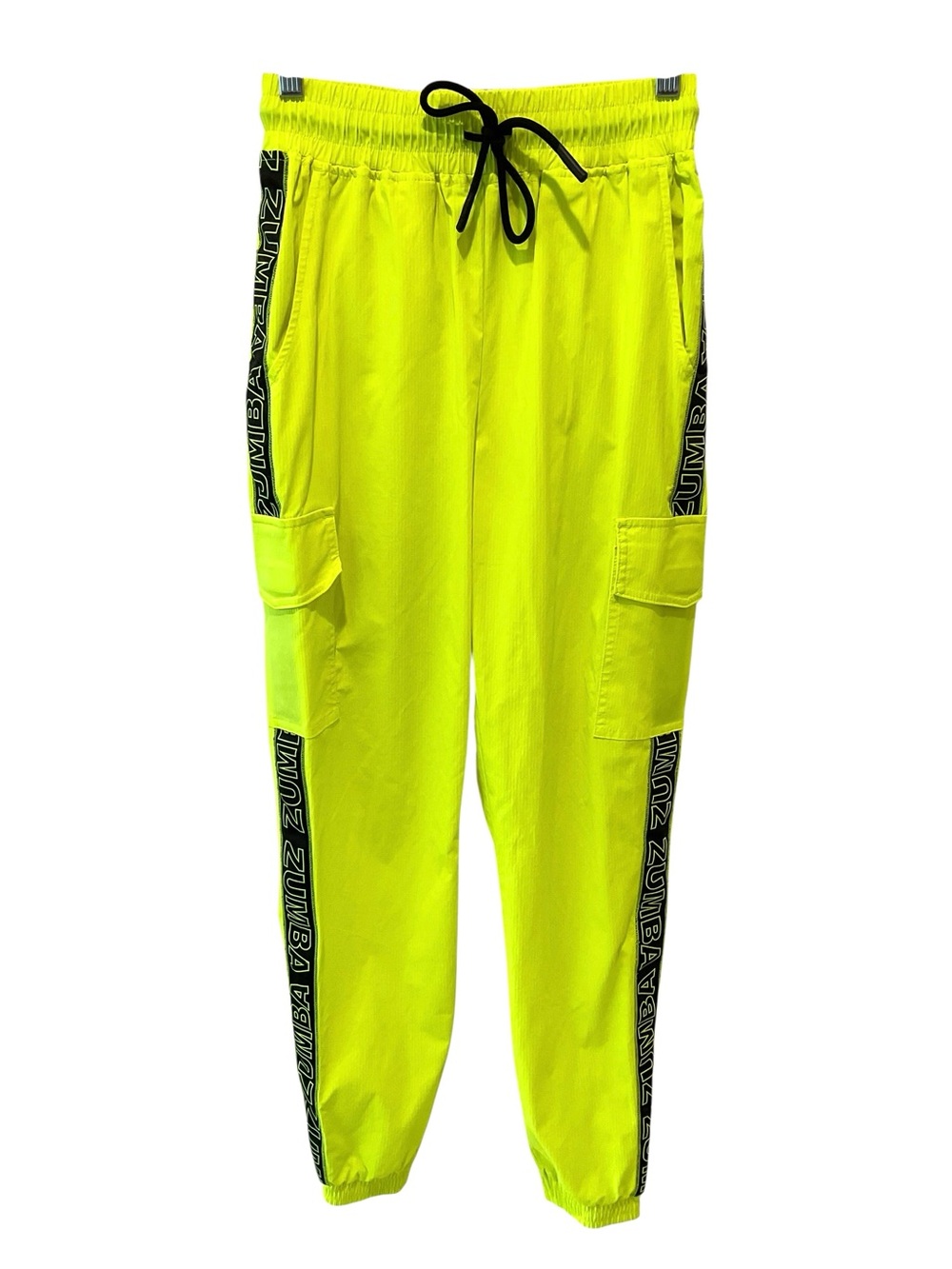 Zumba Neon Yellow Cargo Jogger Pants XS Logo Tape Dance Fitness NWOT - Picture 2 of 7